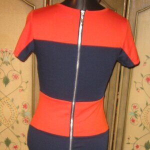 VTG Y2K STYLE BY SHEZ Colorblock Full Zip Navy Orange Stretch Pencil Dress XS S